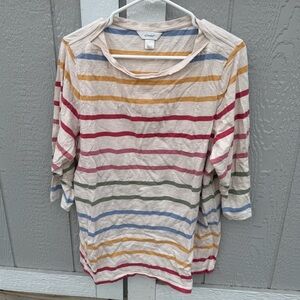 Size 1X - CJ Banks Multicolor Striped 3/4 Length Sleeve Tee - Cream Base